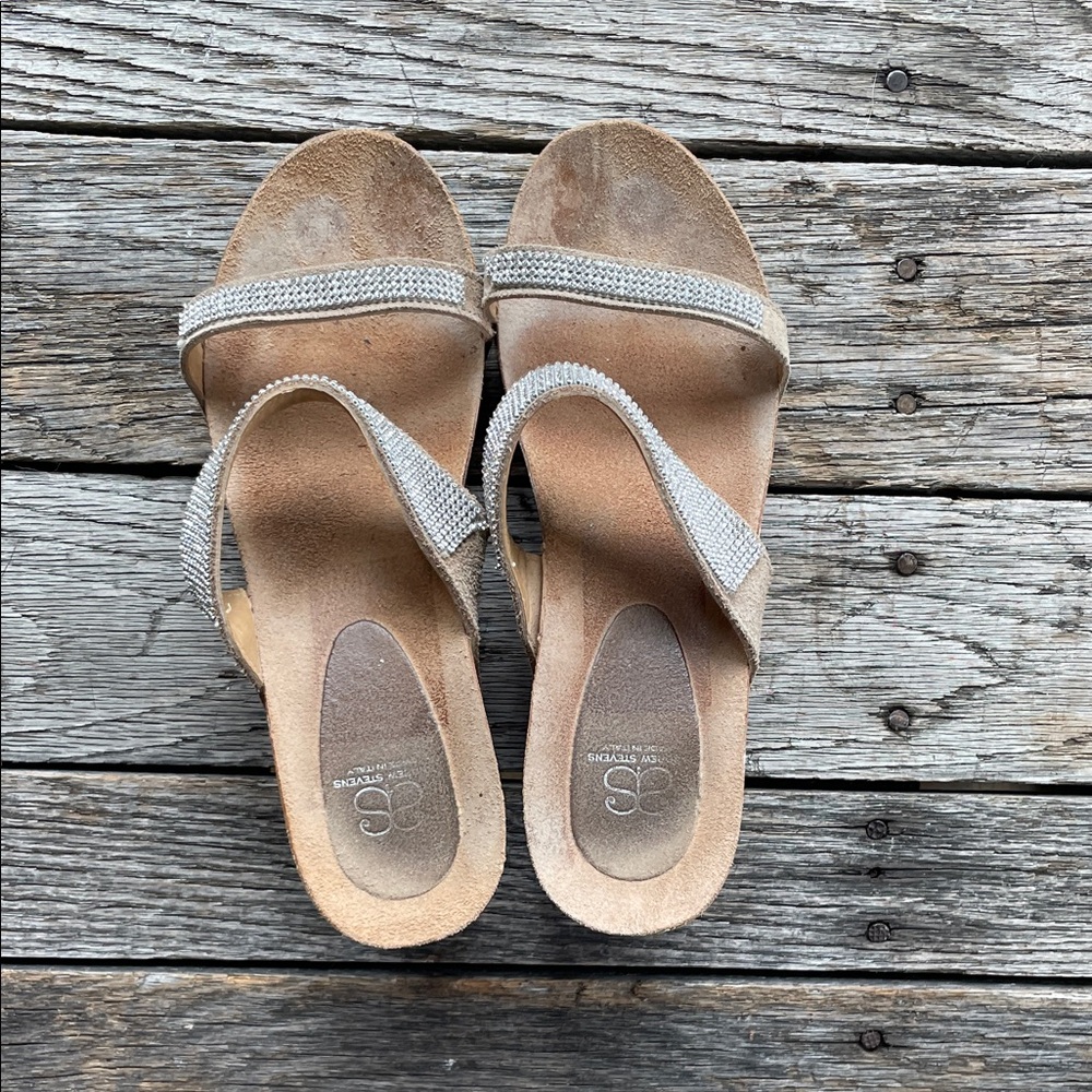 Andrew Steven’s Footwear Tan Suede Slide Sandals with Sparkling Silver